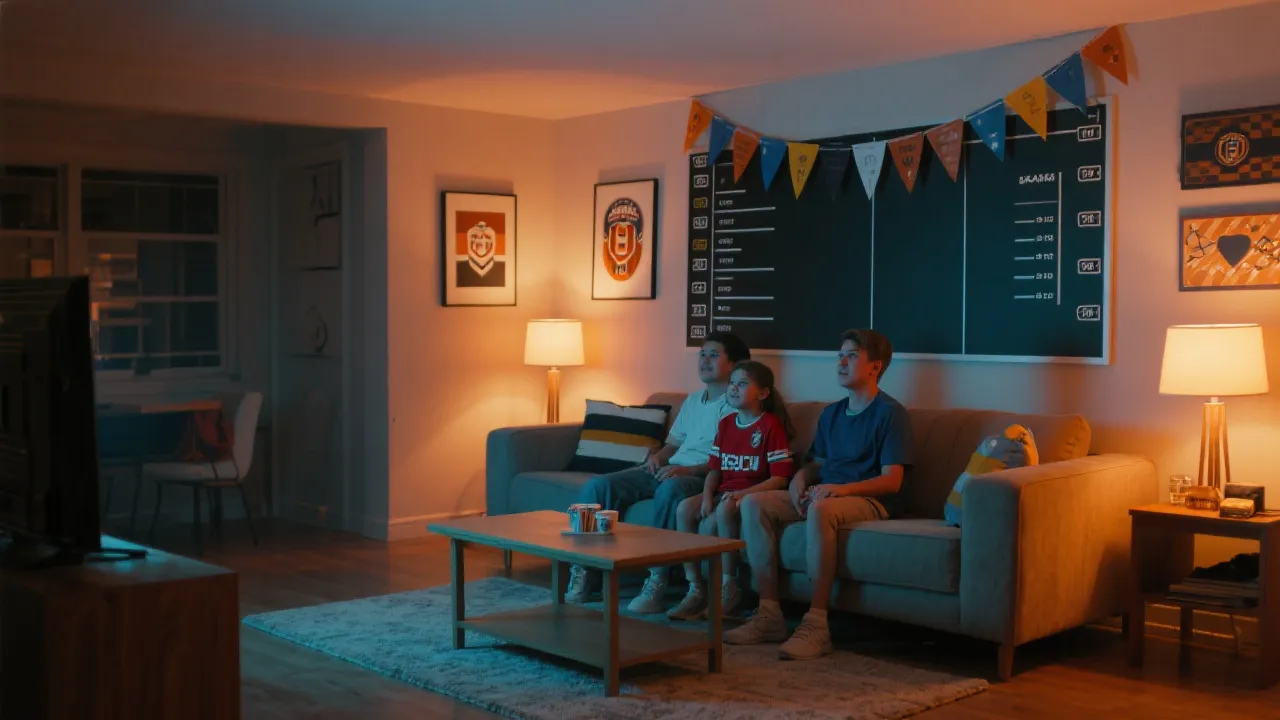 客厅球迷观赛派对布置，沙发前茶几摆放零食饮料，柔和氛围灯，墙上战术板风格装饰